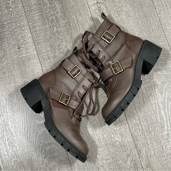 SEYCHELLES Harley Moto Combat Boots Brown Wide Width Size 8.5 - Picture 2 of 10